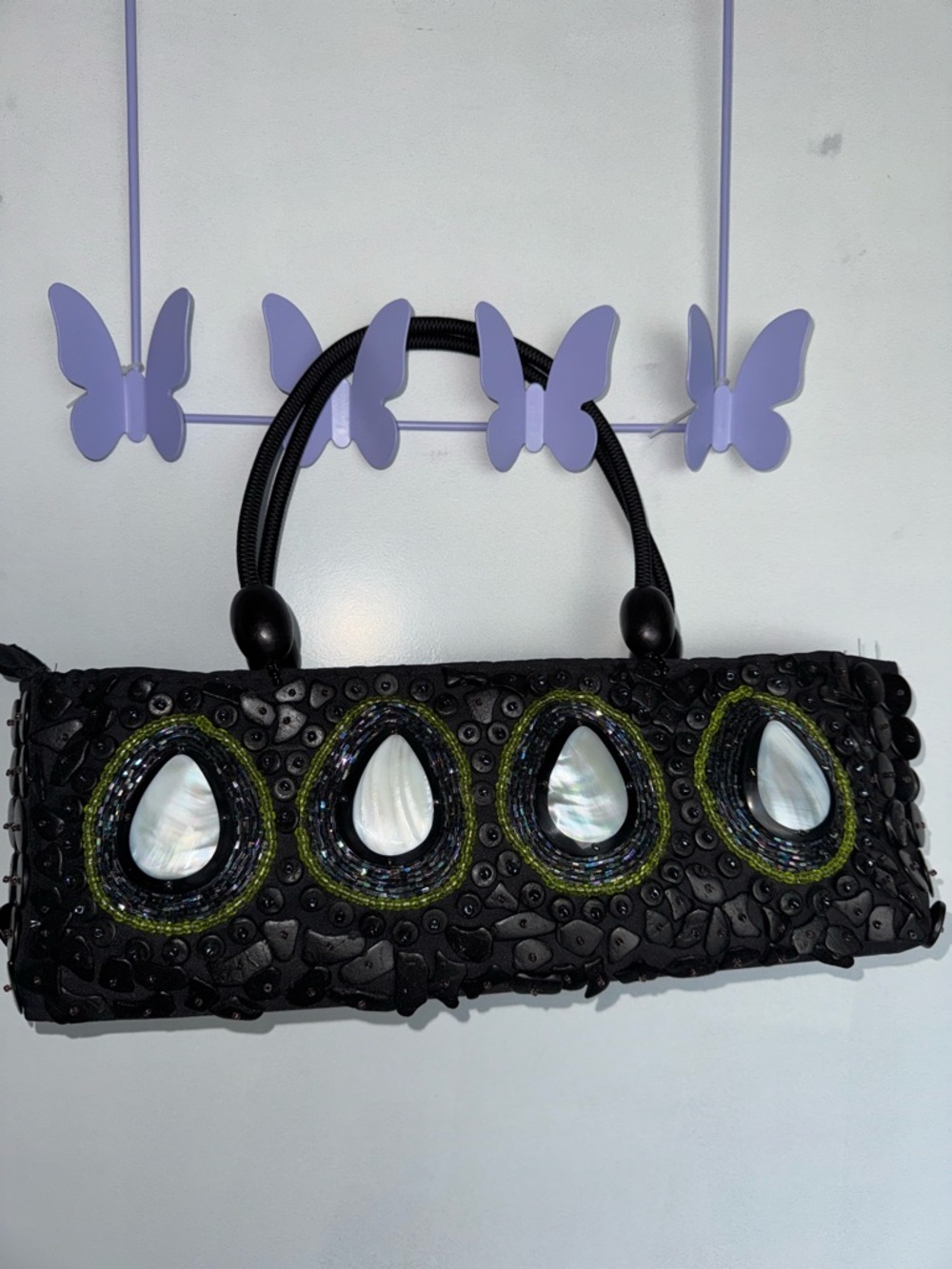 Black Embellished Beaded Handbag with Mother-of-Pearl Accents
